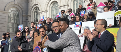Council members Chi Ossé and Shaun Abreu at a rally before the FARE Act vote in November.